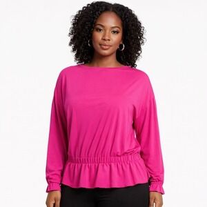Willow Drive‎ Ruffle Hem Top Pink Long Sleeve Stretch Modest Mature Size S